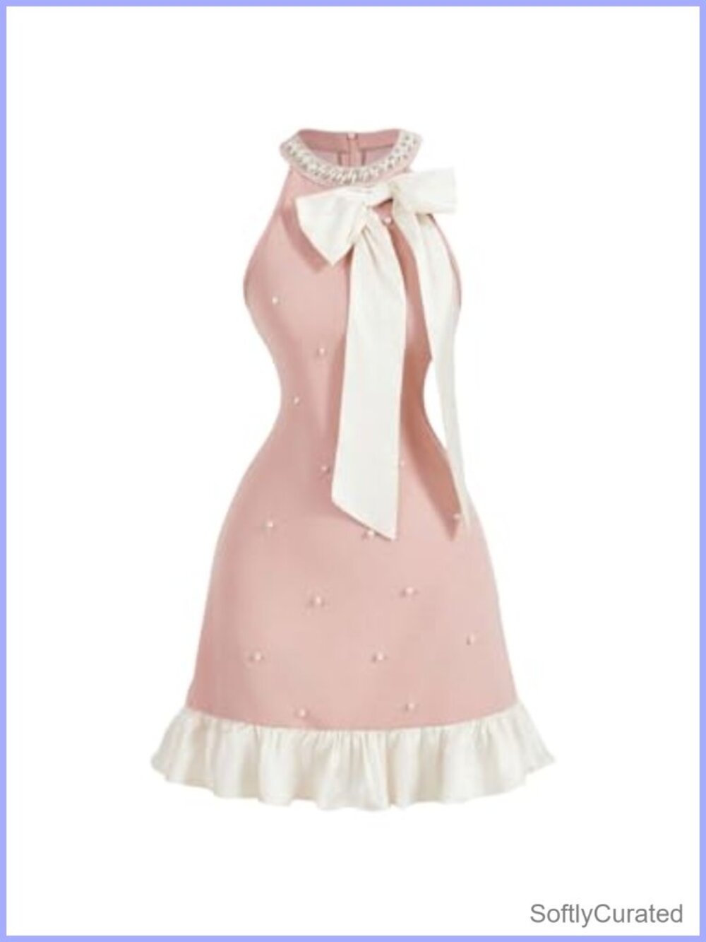 Bowknot Halter Mini Dress Pearl Ruffle Hem Party Fit Flare